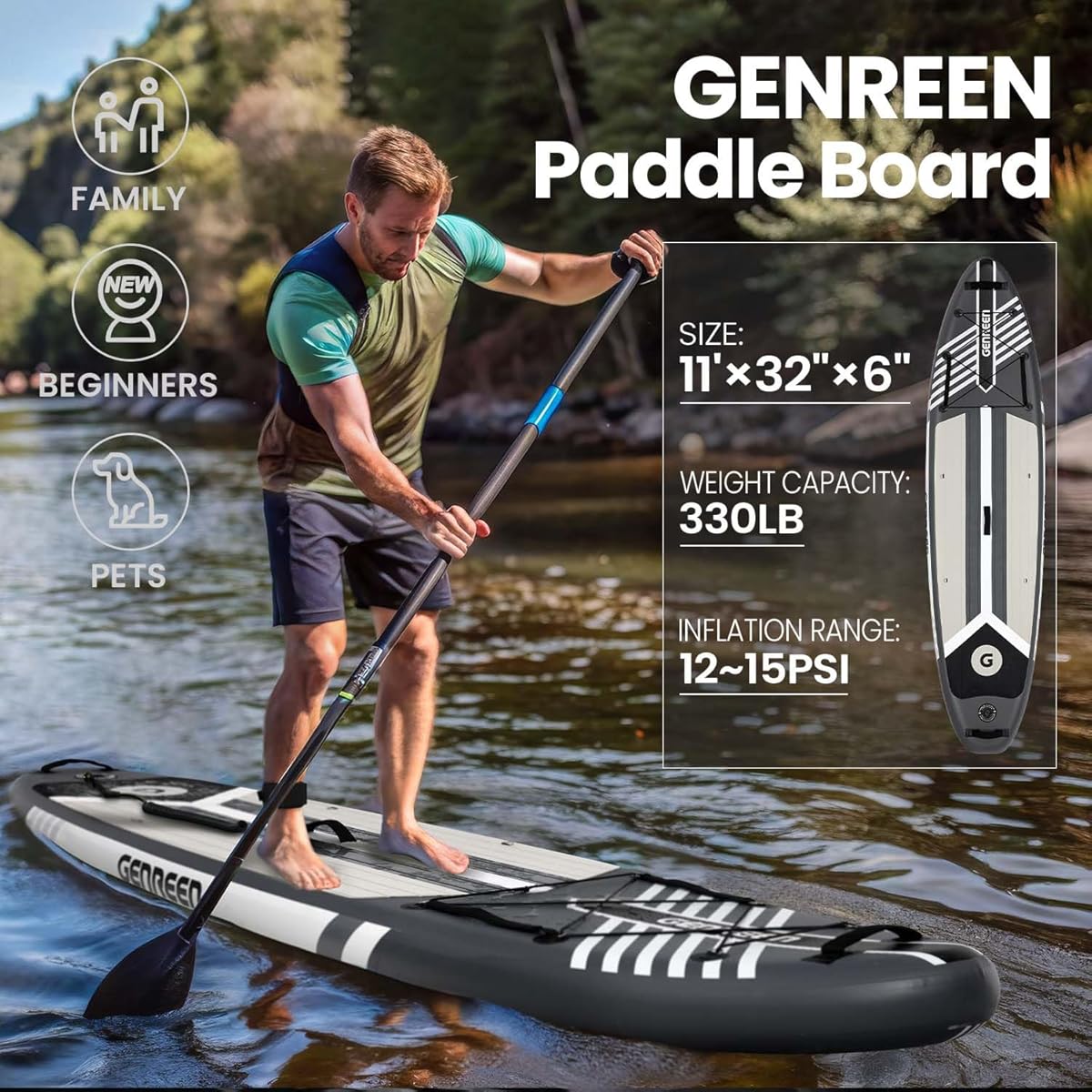 GENREEN felfújható SUP deszka 335×81×15 cm – szürke paddle board