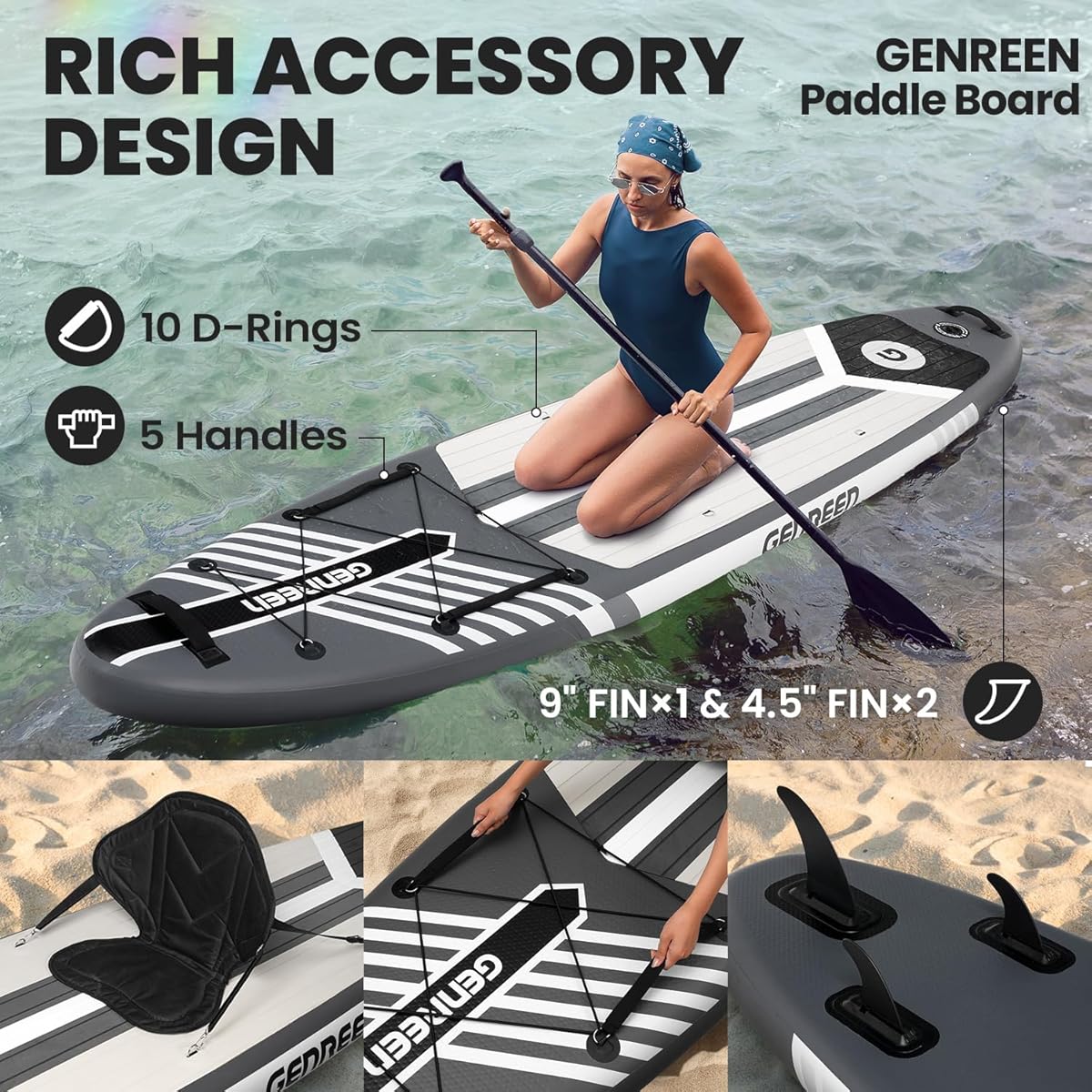 GENREEN felfújható SUP deszka 335×81×15 cm – szürke paddle board