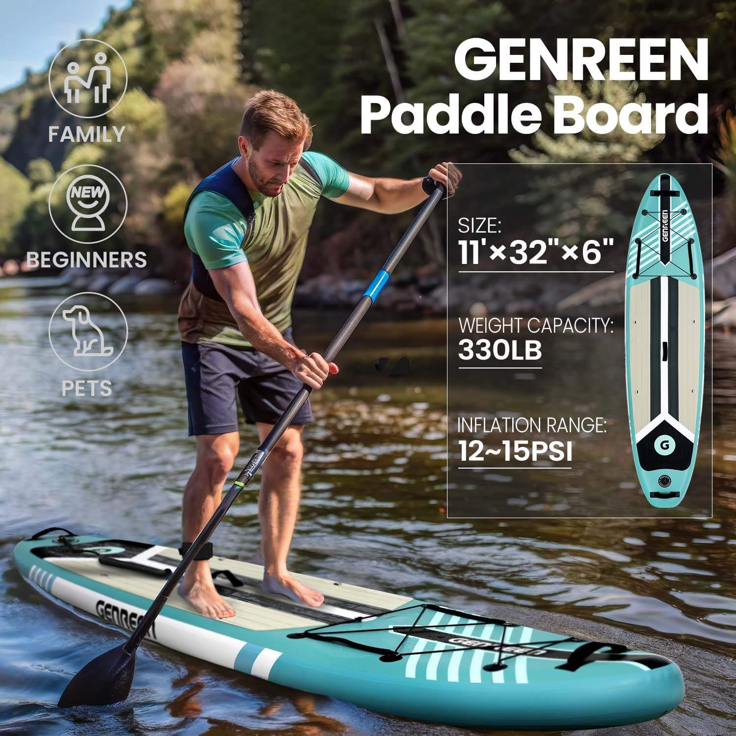GENREEN felfújható SUP deszka 335×81×15 cm –  paddle board