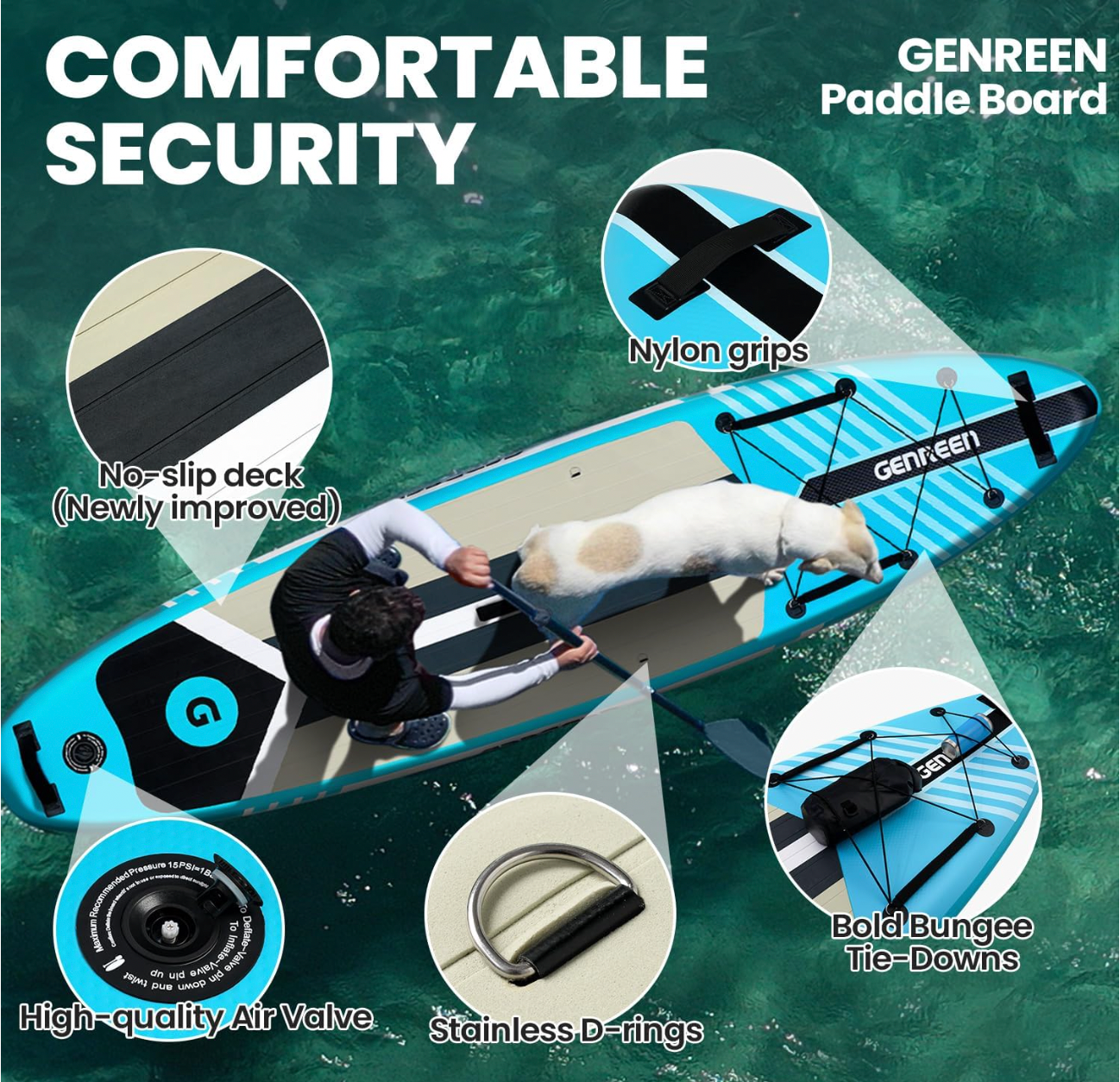 GENREEN felfújható SUP deszka 335×81×15 cm – kék paddle board